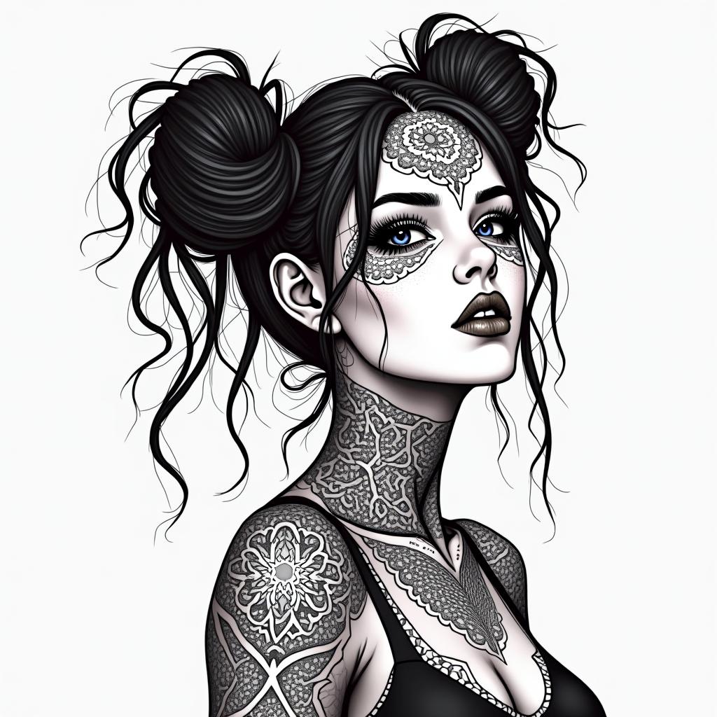 Futuristic cyberpunk girl with neon accentsin dotwork style tattoo, complex mandala patterns, interlocking geometric shapes with sharp symmetry, clean lines, sharp angles