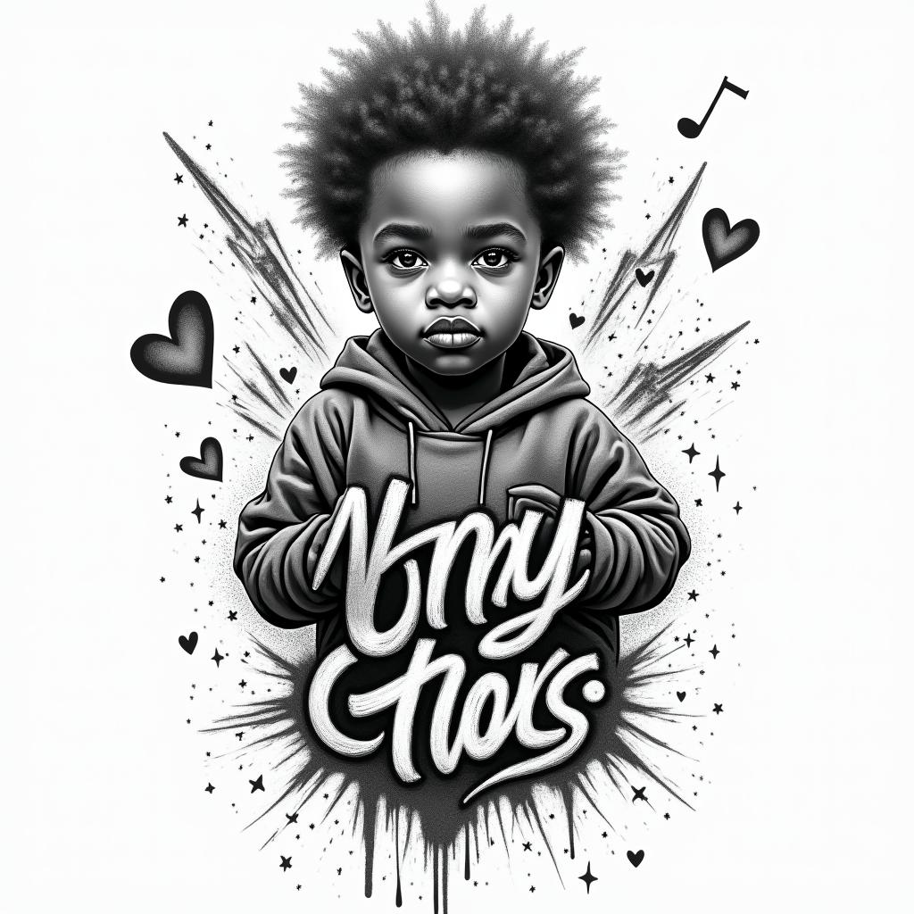 Children, hakunamatata, philosophy, music, empathyin graffiti style tattoo, featuring bold and dynamic street art elements, spray-paint texture with exaggerated lines and expressive, chaotic brushstrokes, intricate lettering incorporated with graffiti tags, symbols like hearts, stars, and wings