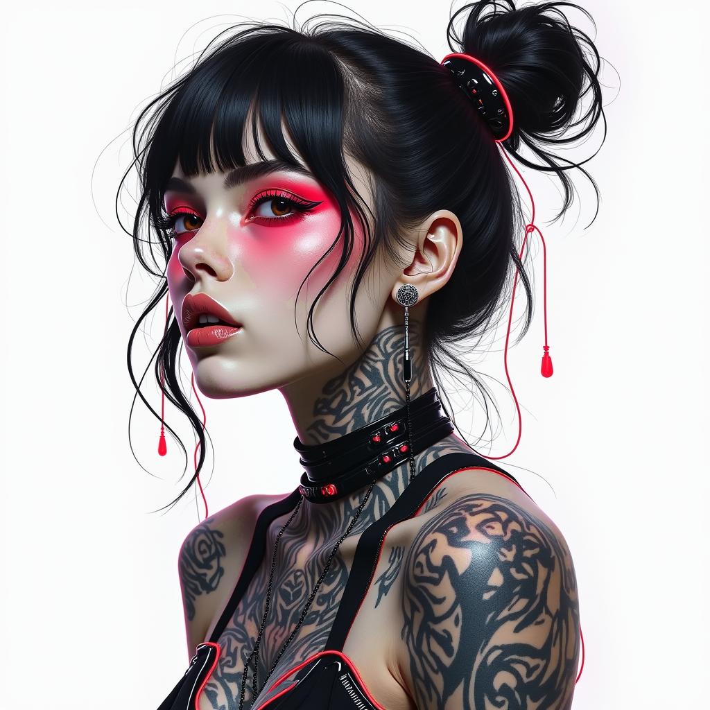 Futuristic cyberpunk girl with neon accentsin portrait tattoo style, featuring a highly realistic and detailed depiction - Variation 2