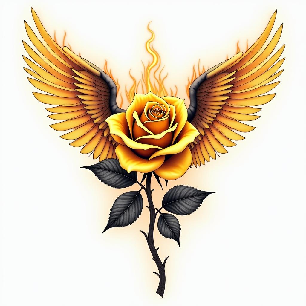 Yellow rose with angle wings displayed on the side of body. Rose vertical; wings vertical and sidewaysin flame tattoo style showcasing fiery elements with dynamic flame patterns, glowing effect of flames, natural colors