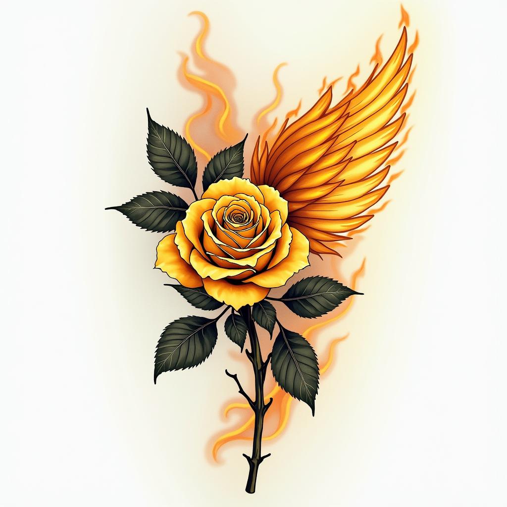 Yellow rose with angle wings displayed on the side of body. Rose vertical; wings vertical and sidewaysin flame tattoo style showcasing fiery elements with dynamic flame patterns, glowing effect of flames, natural colors - Variation 3