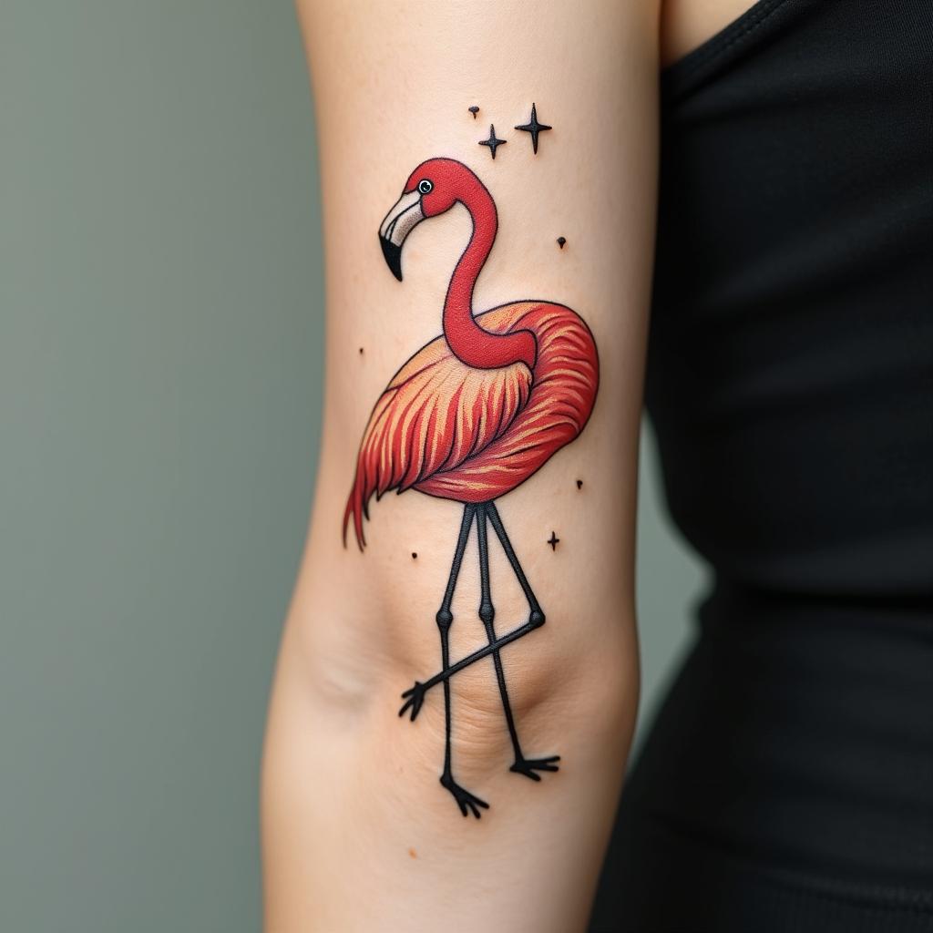 Dandelion flamingo “just breathe”in minimalist style tattoo, featuring simple shapes and fine lines, with minimal shading and details, tiny triangles, creating a sense of balance and harmony - Variation 4