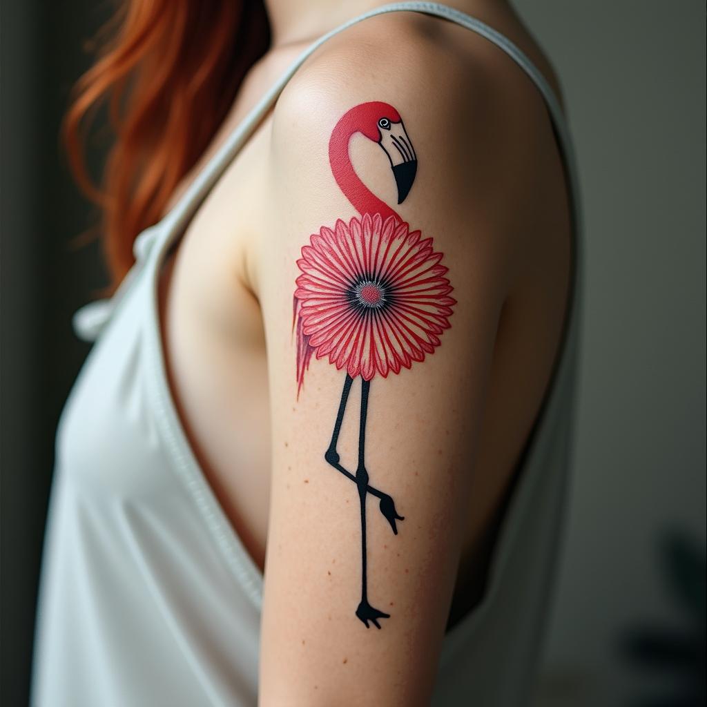 Dandelion flamingo “just breathe”in minimalist style tattoo, featuring simple shapes and fine lines, with minimal shading and details, tiny triangles, creating a sense of balance and harmony - Variation 2