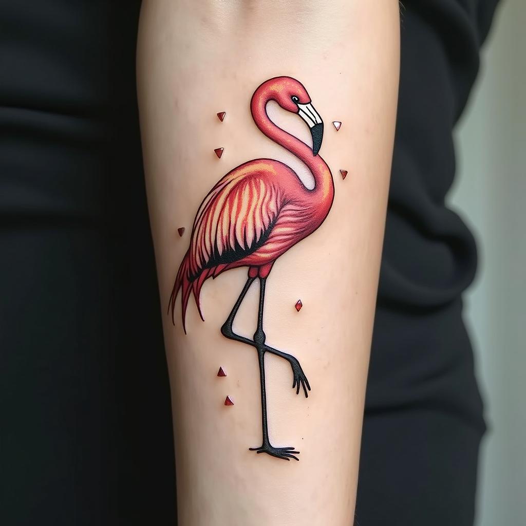 Dandelion flamingo “just breathe”in minimalist style tattoo, featuring simple shapes and fine lines, with minimal shading and details, tiny triangles, creating a sense of balance and harmony - Variation 3