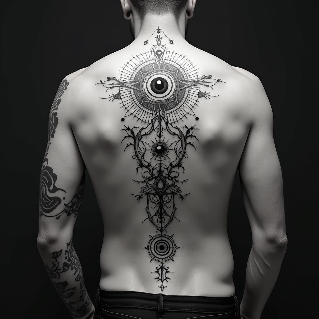 Bielefeld, Sven, 20.4.79in prophecy tattoo style, featuring mystical symbols, celestial imagery like stars, moons, suns, geometric patterns, foretelling elements, an eye of wisdom - Variation 2