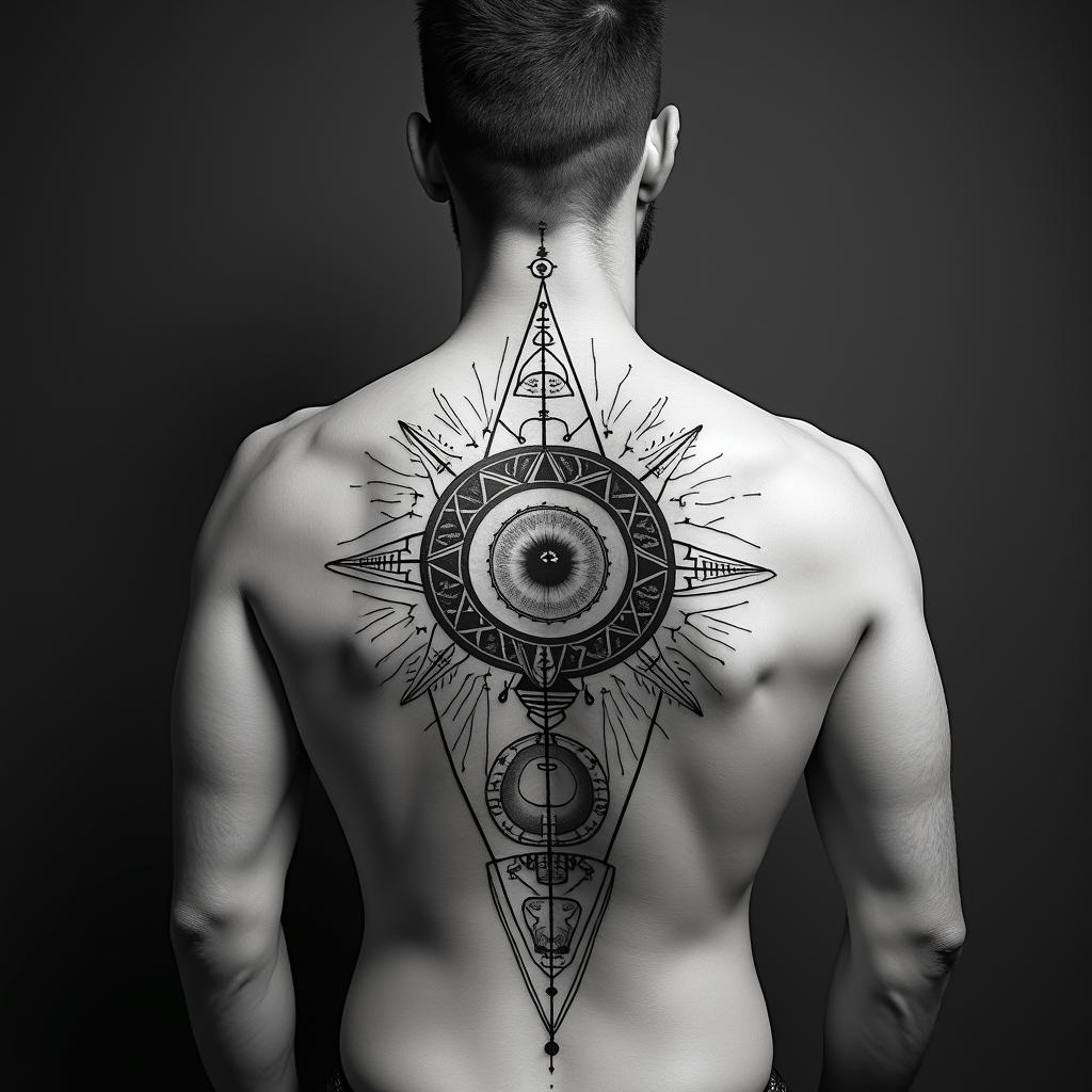 Bielefeld, Sven, 20.4.79in prophecy tattoo style, featuring mystical symbols, celestial imagery like stars, moons, suns, geometric patterns, foretelling elements, an eye of wisdom