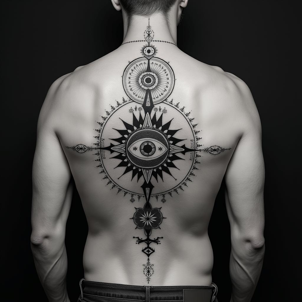 Bielefeld, Sven, 20.4.79in prophecy tattoo style, featuring mystical symbols, celestial imagery like stars, moons, suns, geometric patterns, foretelling elements, an eye of wisdom - Variation 3