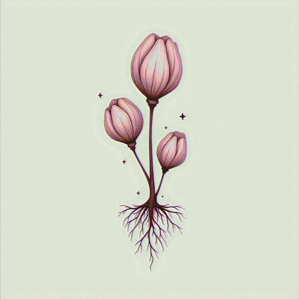 Hysinth with 3 bulbs, include gentle rootsin minimalist style tattoo, featuring simple shapes and fine lines, with minimal shading and details, tiny triangles, creating a sense of balance and harmony - Variation 8