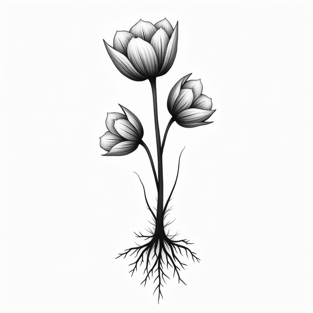 Hysinth with 3 bulbs, include gentle rootsin minimalist style tattoo, featuring simple shapes and fine lines, with minimal shading and details, tiny triangles, creating a sense of balance and harmony - Variation 6