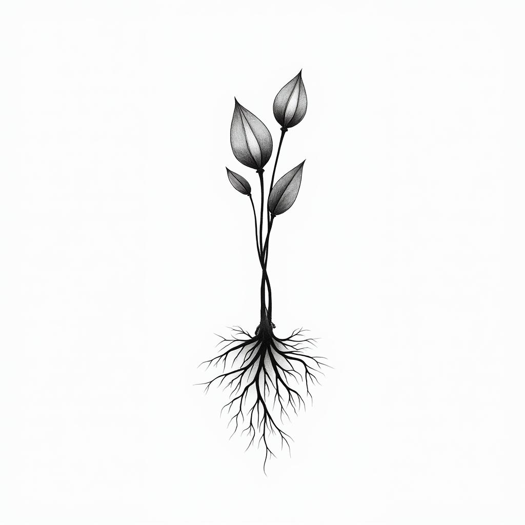 Hysinth with 3 bulbs, include gentle rootsin minimalist style tattoo, featuring simple shapes and fine lines, with minimal shading and details, tiny triangles, creating a sense of balance and harmony - Variation 5
