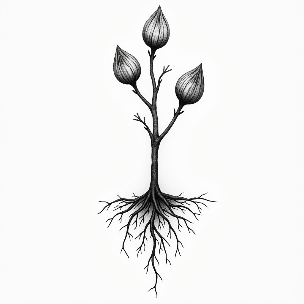 Hysinth with 3 bulbs, include gentle rootsin minimalist style tattoo, featuring simple shapes and fine lines, with minimal shading and details, tiny triangles, creating a sense of balance and harmony - Variation 7