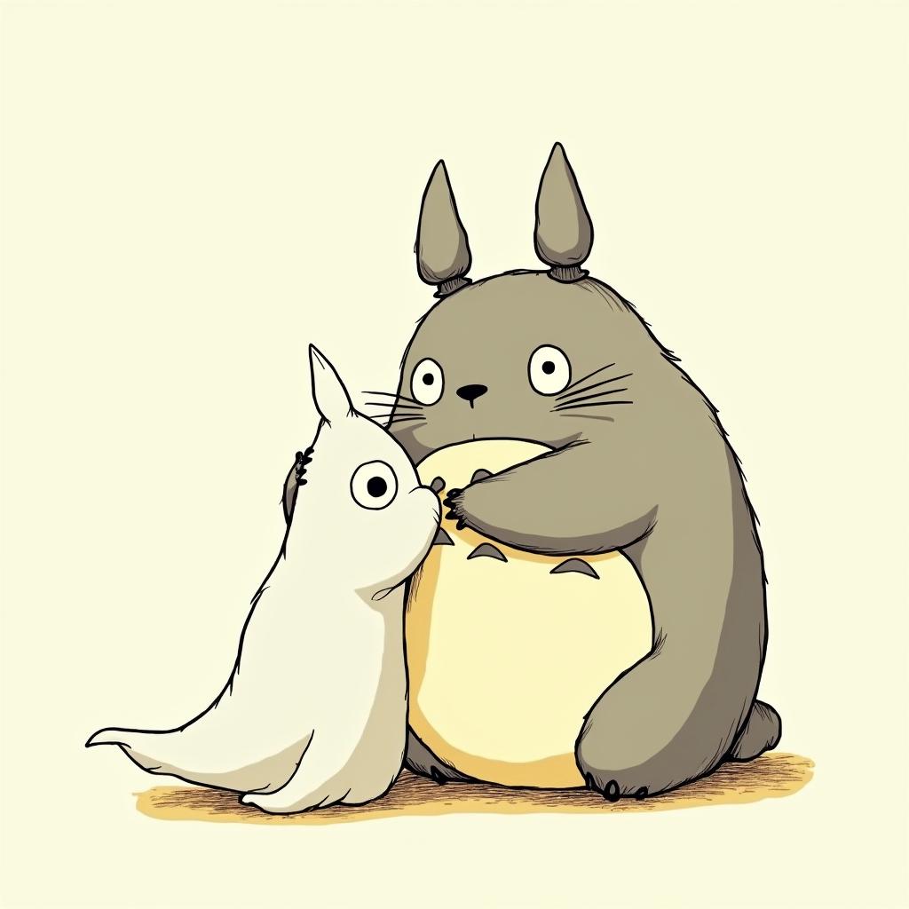 Totoro raping ghostGhibli, Studio Ghibli aesthetic, hand-drawn anime style, retro nostalgic atmosphere, retro soft pastel color palette with earthy tones, retro Japanese cinematic shot, yellow tint effect, bald character, smooth surface, anime shadow 90's anime style - Variation 4
