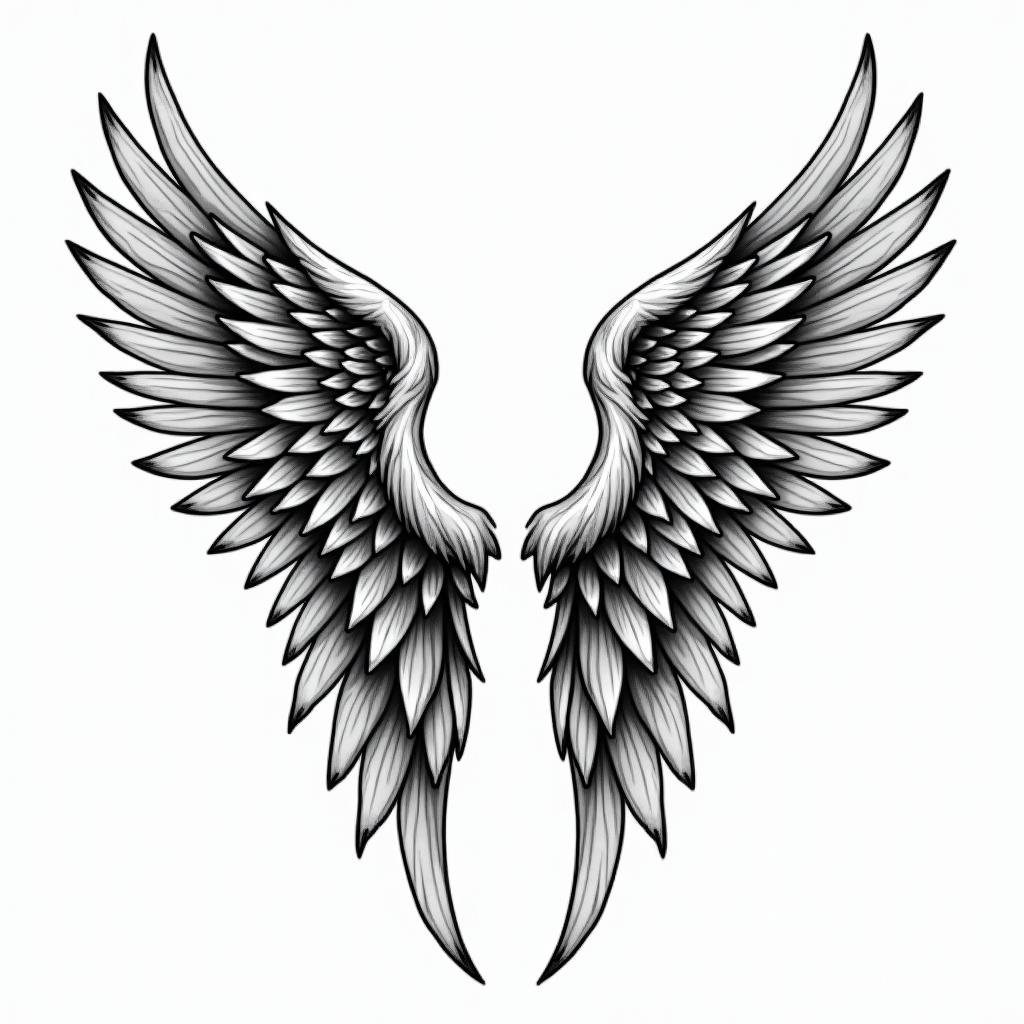 Angel wings with detailed feathersin authentic tattoo style, incorporating traditional modifications, bold black outlines, solid color fills, featuring classic authentic elements - Variation 4