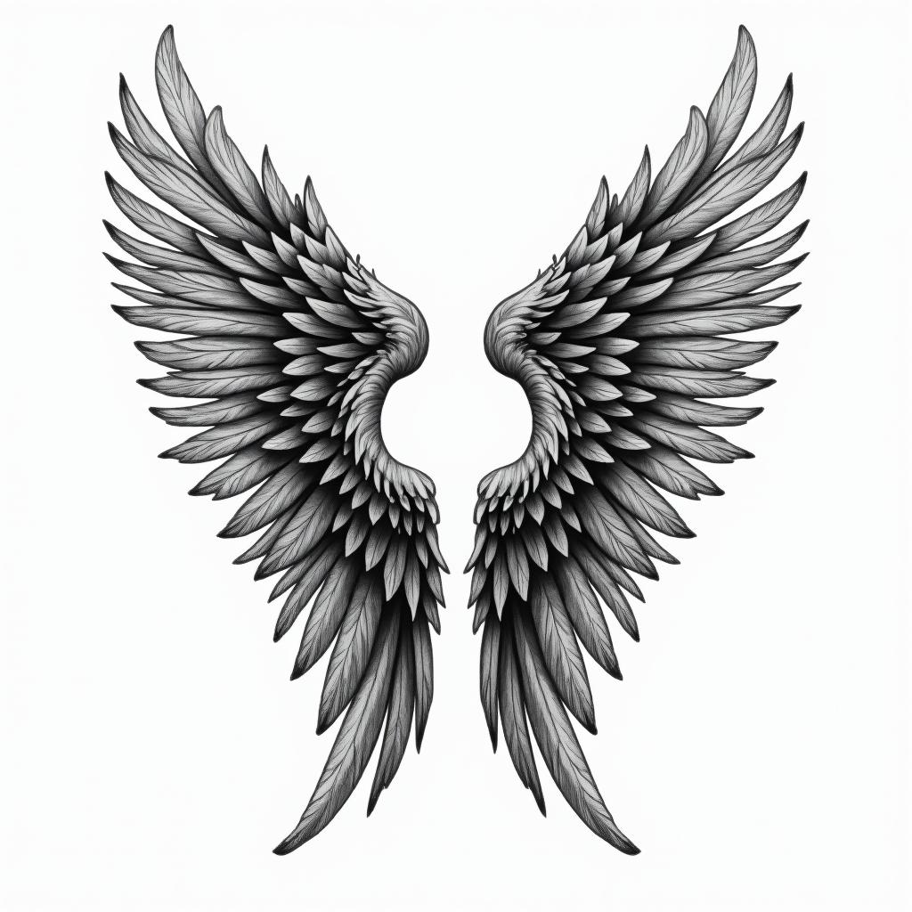 Angel wings with detailed feathersin authentic tattoo style, incorporating traditional modifications, bold black outlines, solid color fills, featuring classic authentic elements - Variation 6