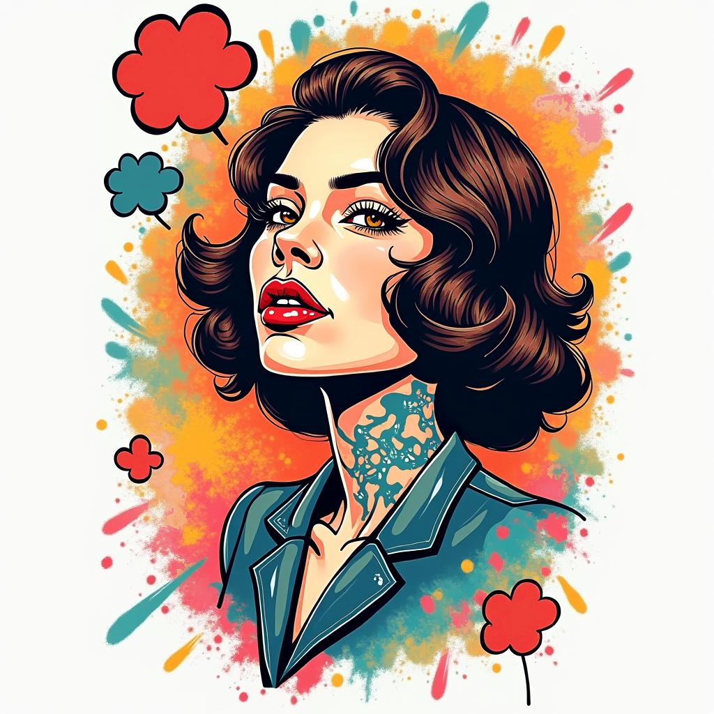 Leoin pop art style tattoo, featuring bold and vibrant colors, exaggerated outlines, iconic imagery, inspired by comic books and speech bubbles, comic book characters, retro pop culture - Variation 3
