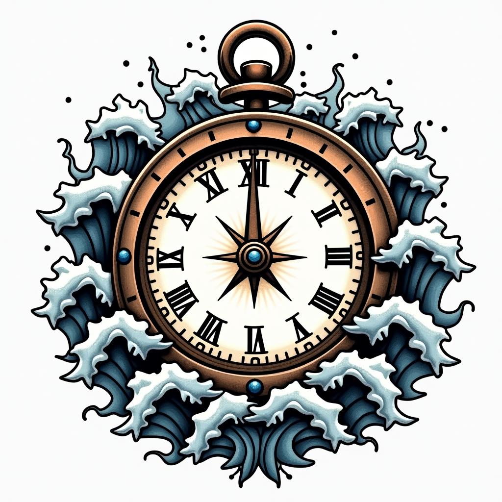 Compass surrounded by ocean wavesin pop art style tattoo, featuring bold and vibrant colors, exaggerated outlines, iconic imagery, inspired by comic books and speech bubbles, comic book characters, retro pop culture - Variation 2