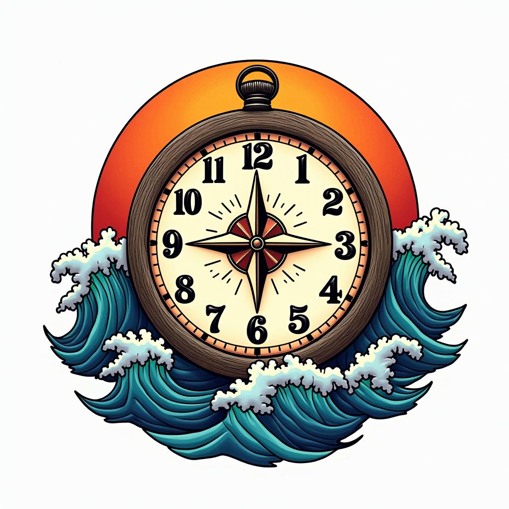 Compass surrounded by ocean wavesin pop art style tattoo, featuring bold and vibrant colors, exaggerated outlines, iconic imagery, inspired by comic books and speech bubbles, comic book characters, retro pop culture