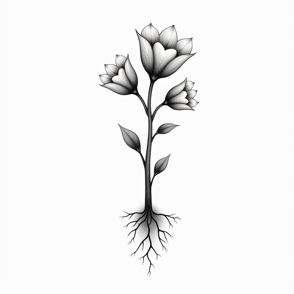 Hysinth with 3 bulbs, include gentle rootsin minimalist style tattoo, featuring simple shapes and fine lines, with minimal shading and details, tiny triangles, creating a sense of balance and harmony - Variation 4