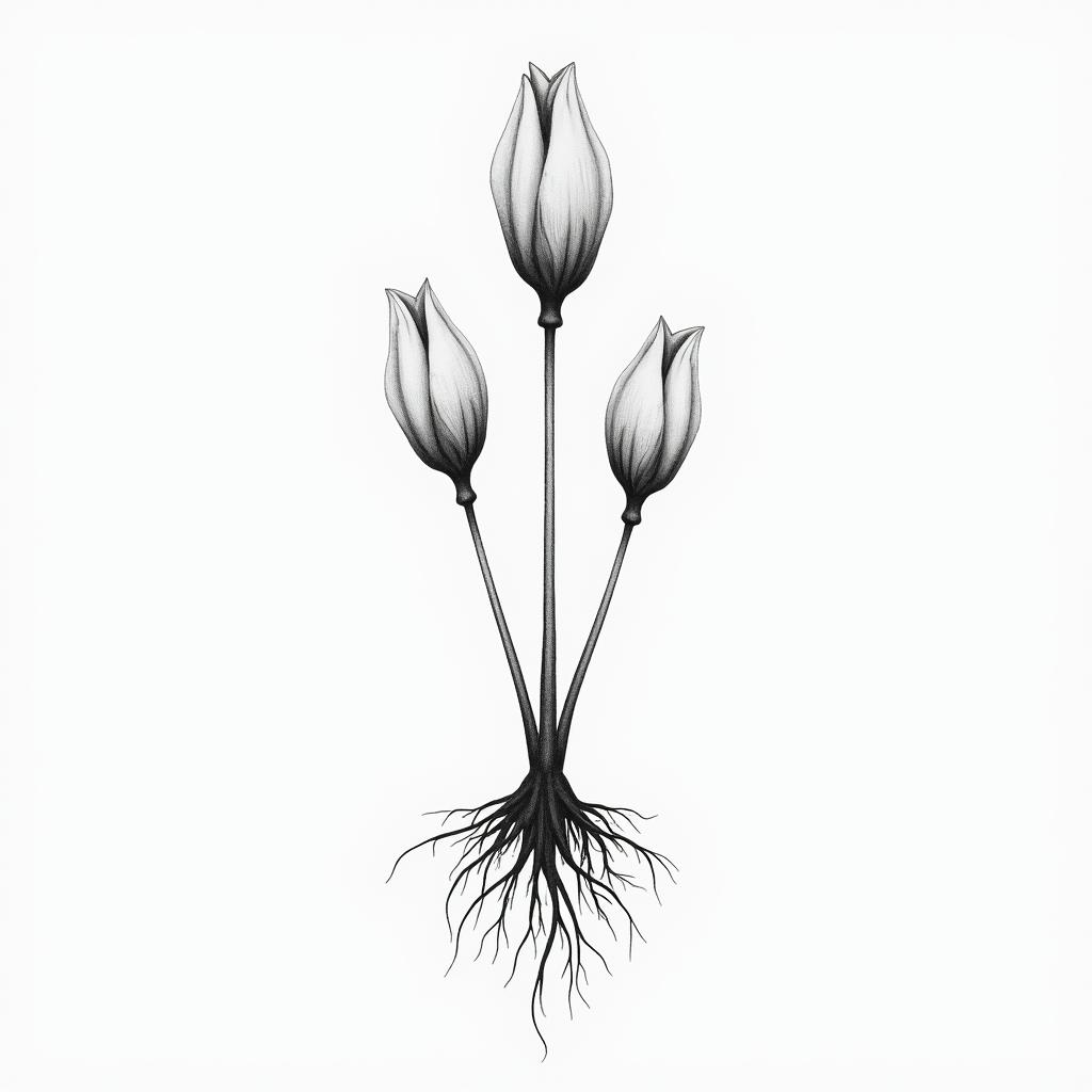 Hysinth with 3 bulbs, include gentle rootsin minimalist style tattoo, featuring simple shapes and fine lines, with minimal shading and details, tiny triangles, creating a sense of balance and harmony - Variation 3