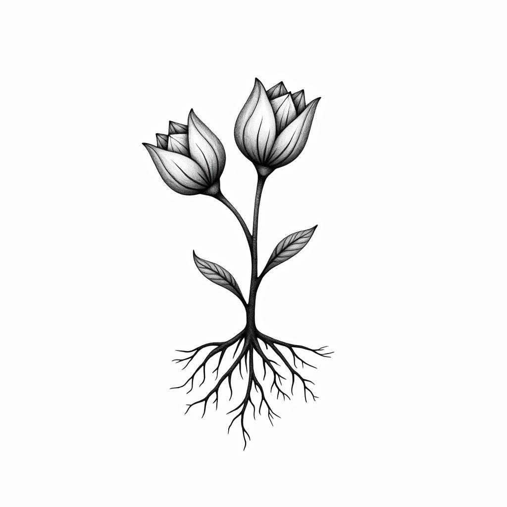 Hysinth with 3 bulbs, include gentle rootsin minimalist style tattoo, featuring simple shapes and fine lines, with minimal shading and details, tiny triangles, creating a sense of balance and harmony - Variation 2