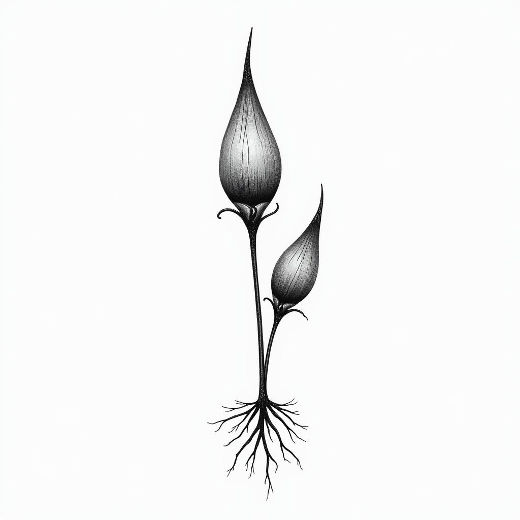 Hysinth with 3 bulbs, include gentle rootsin minimalist style tattoo, featuring simple shapes and fine lines, with minimal shading and details, tiny triangles, creating a sense of balance and harmony