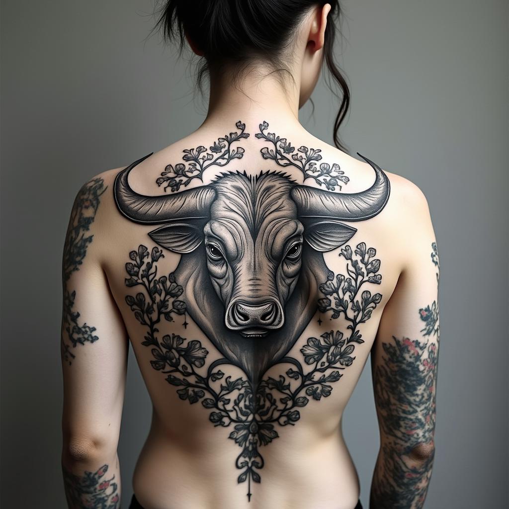 Taurus bullin japanese style tattoo, detailed tattoo, traditional japanese culture tattoo, mythology, 8k