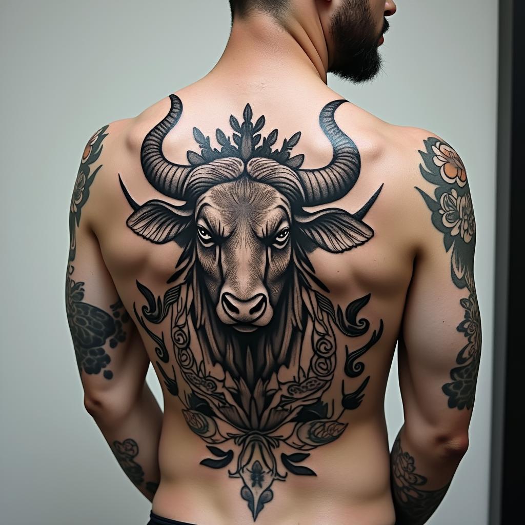 Taurus bullin japanese style tattoo, detailed tattoo, traditional japanese culture tattoo, mythology, 8k - Variation 3