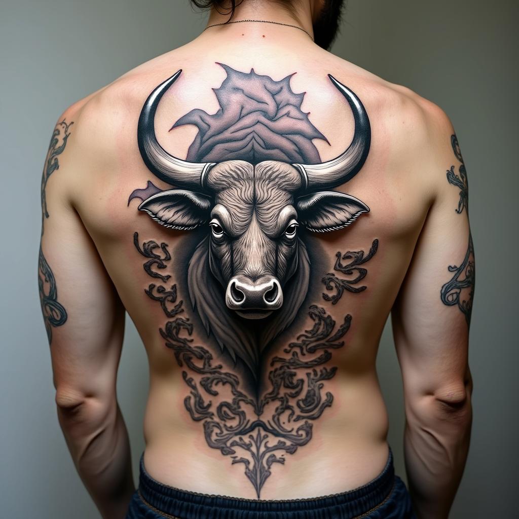 Taurus bullin japanese style tattoo, detailed tattoo, traditional japanese culture tattoo, mythology, 8k - Variation 2