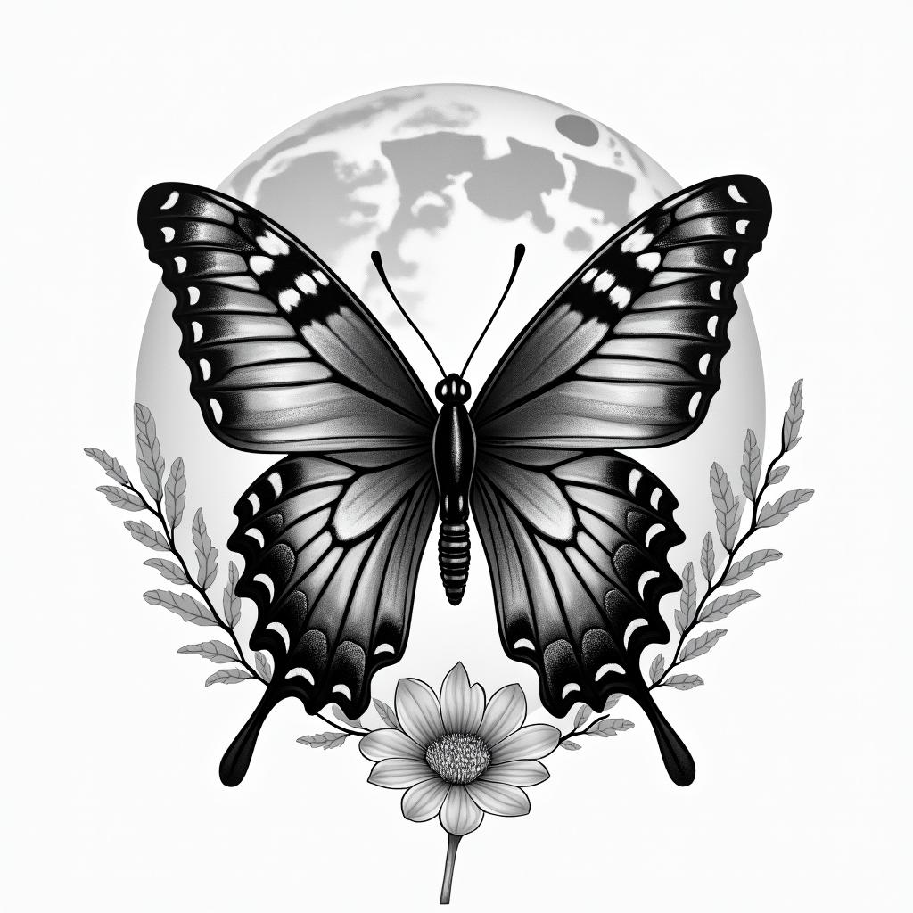 Butterfly, moon, seain portrait tattoo style, featuring a highly realistic and detailed depiction - Variation 1