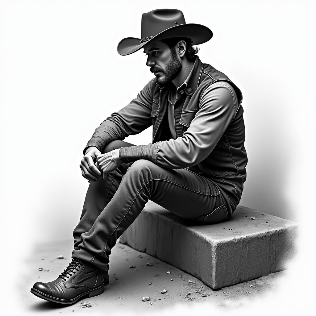Cowboy sitting by firein realism tattoo style, featuring a highly detailed, lifelike, capturing every detail, photorealistic, ultra realistic, intricate shading, smooth and sharp,   - Variation 3
