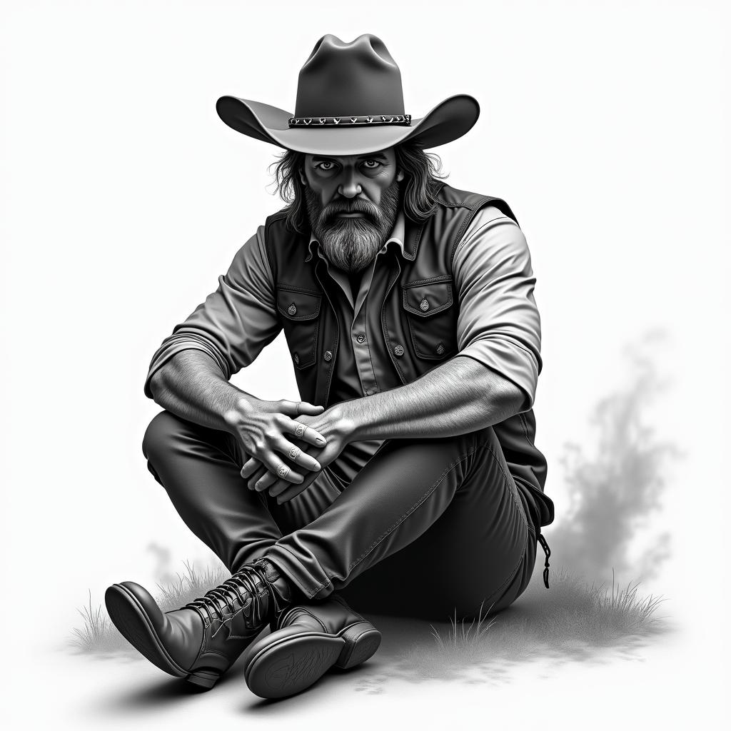Cowboy sitting by firein realism tattoo style, featuring a highly detailed, lifelike, capturing every detail, photorealistic, ultra realistic, intricate shading, smooth and sharp,  