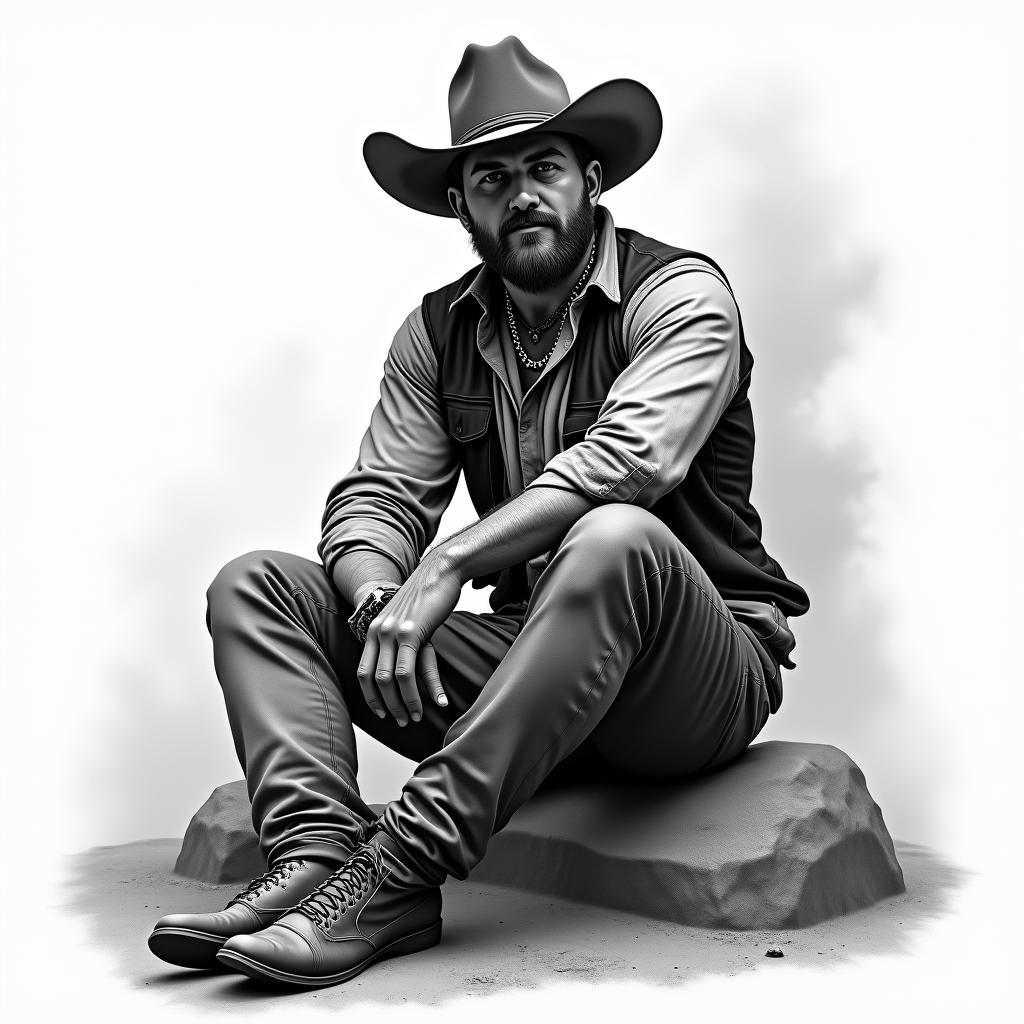 Cowboy sitting by firein realism tattoo style, featuring a highly detailed, lifelike, capturing every detail, photorealistic, ultra realistic, intricate shading, smooth and sharp,   - Variation 4