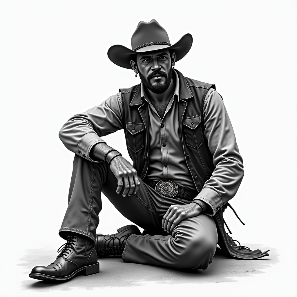 Cowboy sitting by firein realism tattoo style, featuring a highly detailed, lifelike, capturing every detail, photorealistic, ultra realistic, intricate shading, smooth and sharp,   - Variation 2