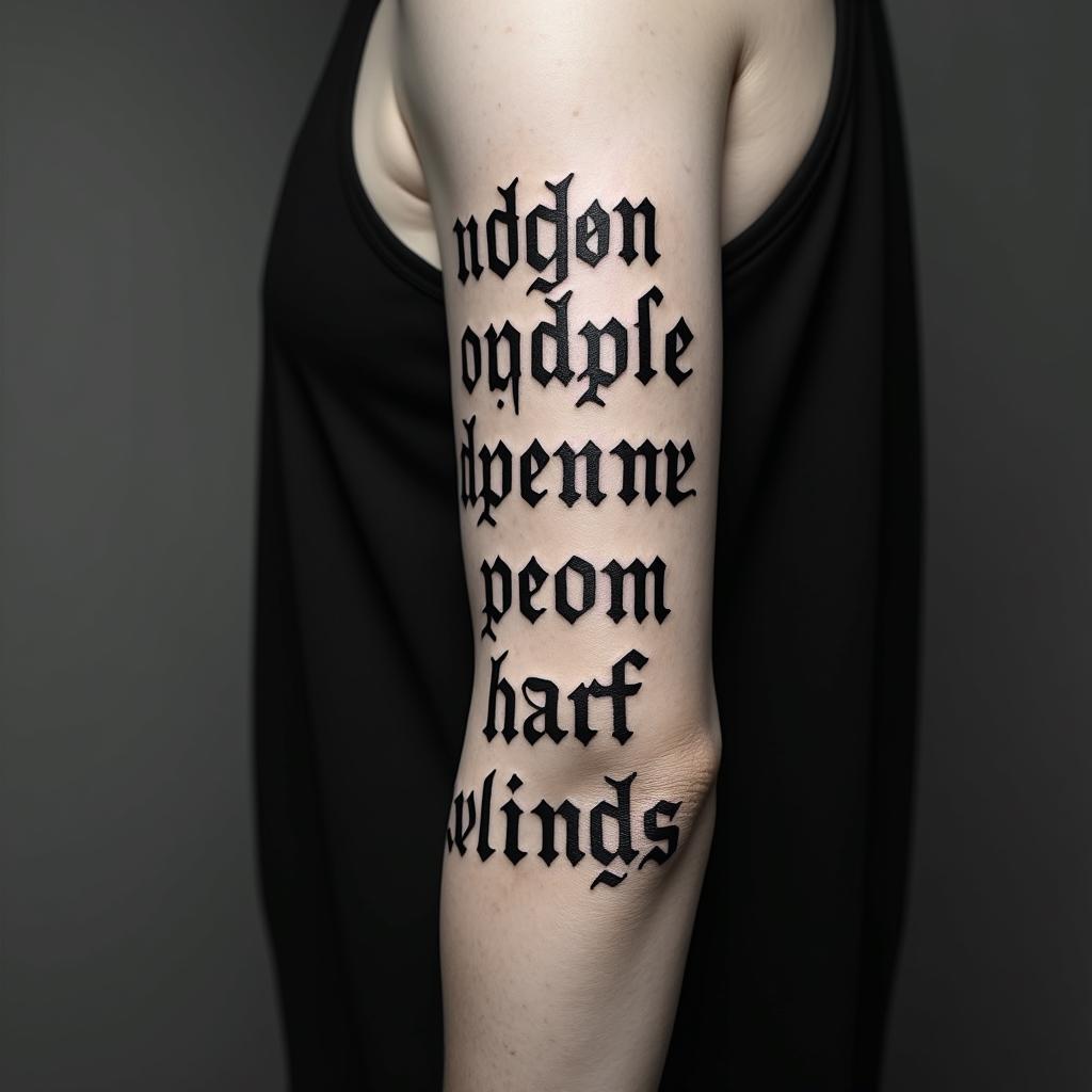 tiyeshatext-based tattoo, gothic font ultra-realistic, perfectly placed, high-quality font design, photo-realistic shading, 8k, high quality, finely detailed typography - Variation 4