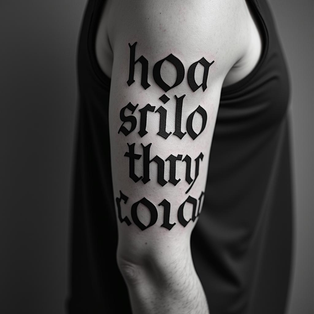 tiyeshatext-based tattoo, gothic font ultra-realistic, perfectly placed, high-quality font design, photo-realistic shading, 8k, high quality, finely detailed typography - Variation 1