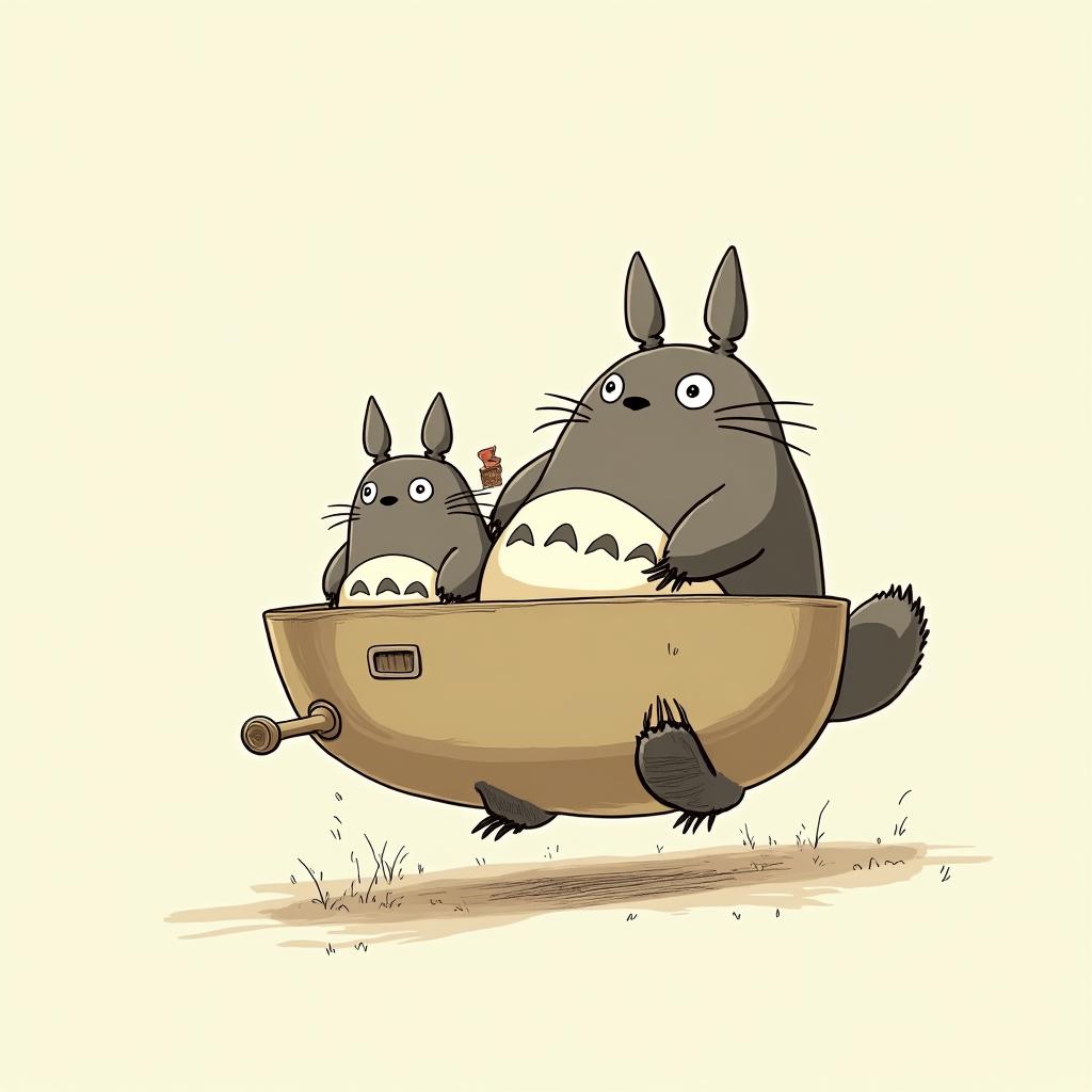 Totoro ran over by catbusGhibli, Studio Ghibli aesthetic, hand-drawn anime style, retro nostalgic atmosphere, retro soft pastel color palette with earthy tones, retro Japanese cinematic shot, yellow tint effect, bald character, smooth surface, anime shadow 90's anime style