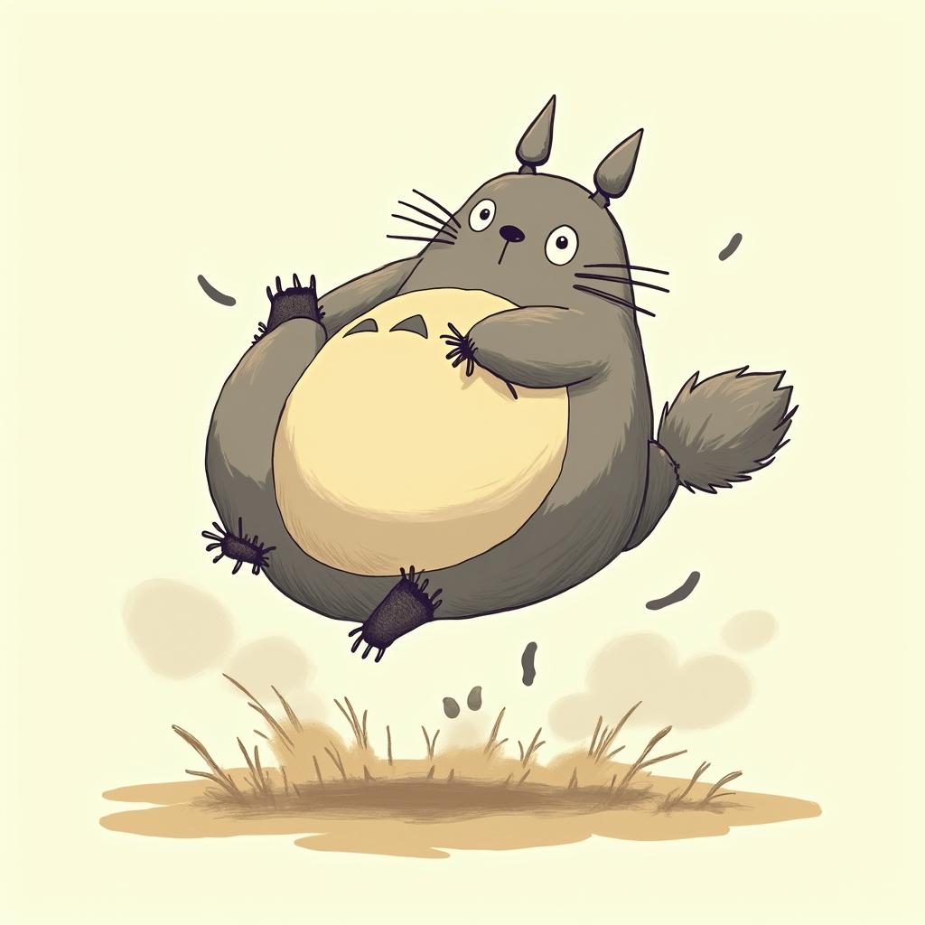 Totoro ran over by catbusGhibli, Studio Ghibli aesthetic, hand-drawn anime style, retro nostalgic atmosphere, retro soft pastel color palette with earthy tones, retro Japanese cinematic shot, yellow tint effect, bald character, smooth surface, anime shadow 90's anime style - Variation 4