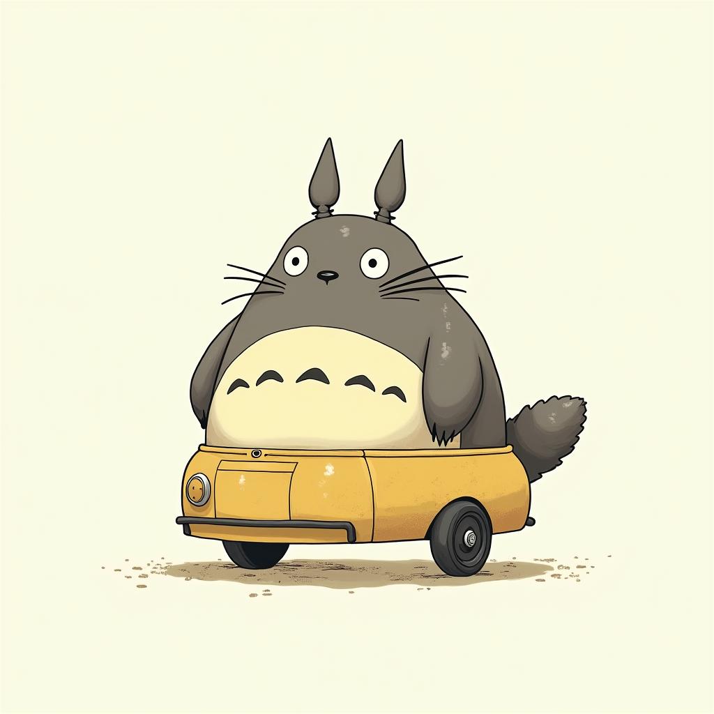 Totoro ran over by catbusGhibli, Studio Ghibli aesthetic, hand-drawn anime style, retro nostalgic atmosphere, retro soft pastel color palette with earthy tones, retro Japanese cinematic shot, yellow tint effect, bald character, smooth surface, anime shadow 90's anime style - Variation 2