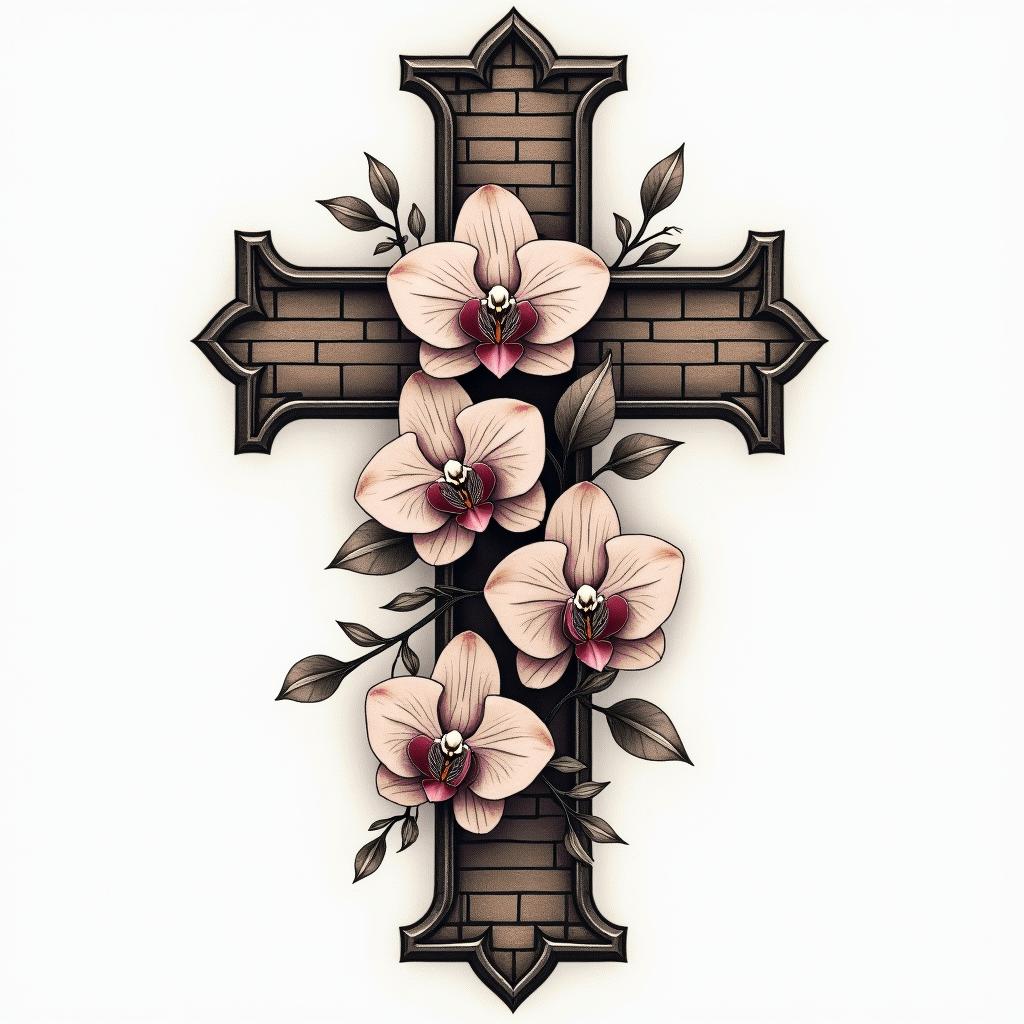A tattoo design featuring a cross partially covered by roses and orchids, reflecting a muted, earthy color palette suitable for darker skin. The cross incorporates subtle brick masonry patterns in the background, symbolizing a legacy. Additionally, include the phrase “I love you too” in an elegant font style integrated into or around the flowers.higly detailed tattoo - Variation 4