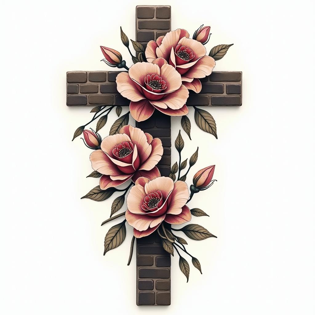 A tattoo design featuring a cross partially covered by roses and orchids, reflecting a muted, earthy color palette suitable for darker skin. The cross incorporates subtle brick masonry patterns in the background, symbolizing a legacy. Additionally, include the phrase “I love you too” in an elegant font style integrated into or around the flowers.higly detailed tattoo - Variation 3