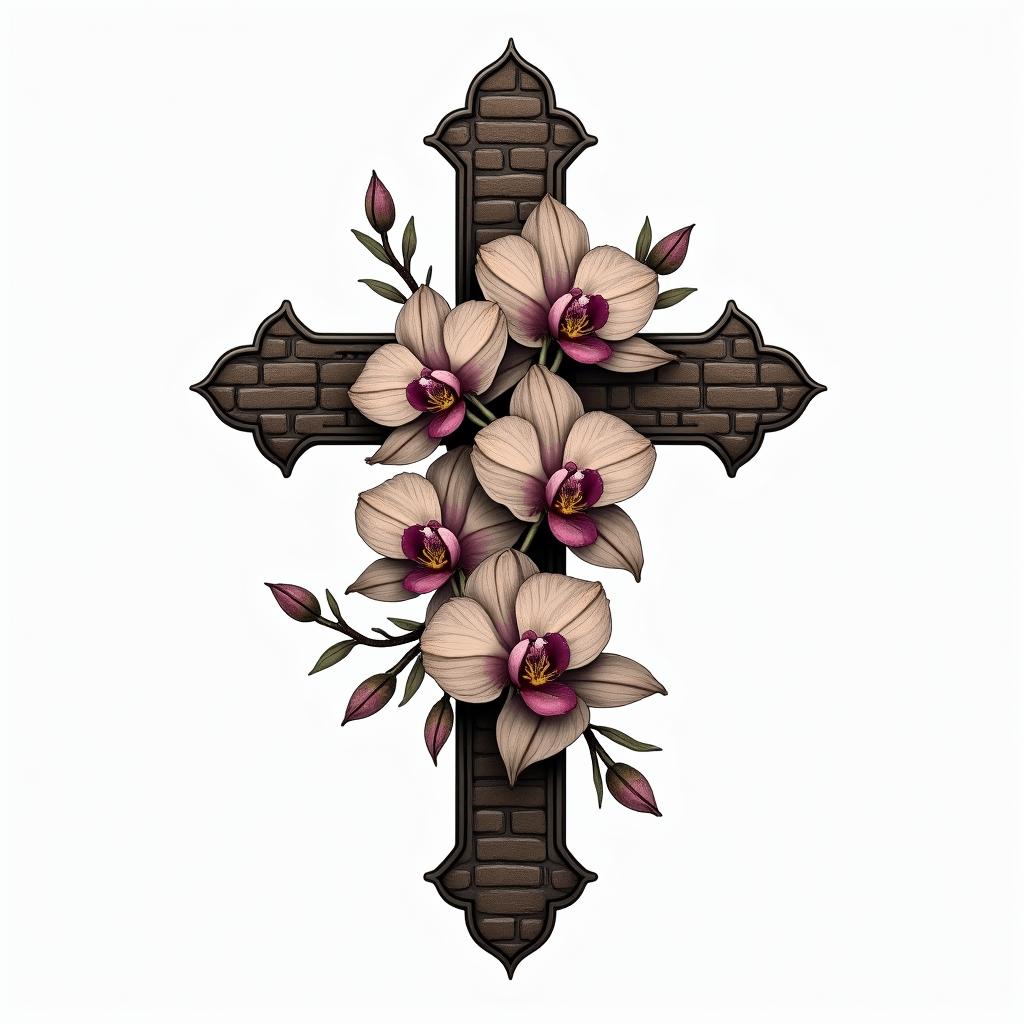 A tattoo design featuring a cross partially covered by roses and orchids, reflecting a muted, earthy color palette suitable for darker skin. The cross incorporates subtle brick masonry patterns in the background, symbolizing a legacy. Additionally, include the phrase “I love you too” in an elegant font style integrated into or around the flowers.higly detailed tattoo