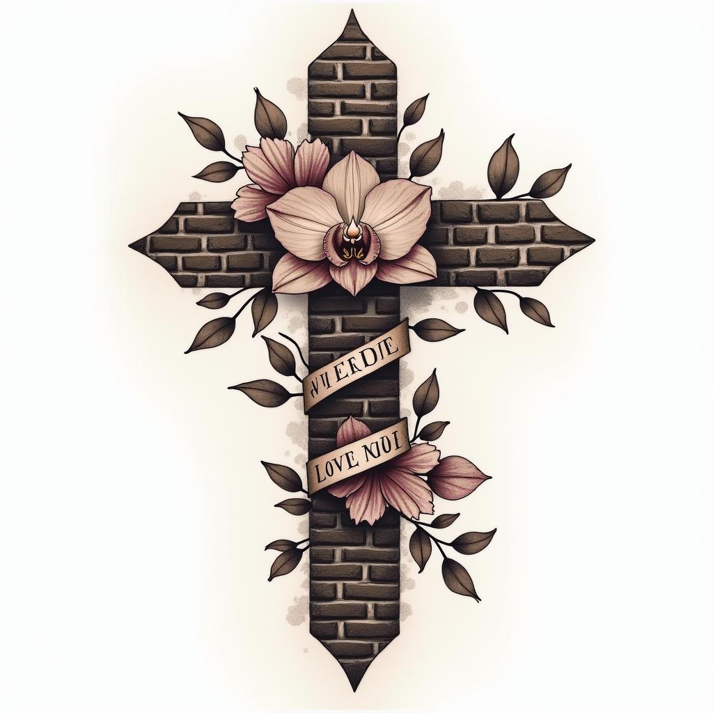 A tattoo design featuring a cross partially covered by roses and orchids, reflecting a muted, earthy color palette suitable for darker skin. The cross incorporates subtle brick masonry patterns in the background, symbolizing a legacy. Additionally, include the phrase “I love you too” in an elegant font style integrated into or around the flowers.higly detailed tattoo - Variation 2