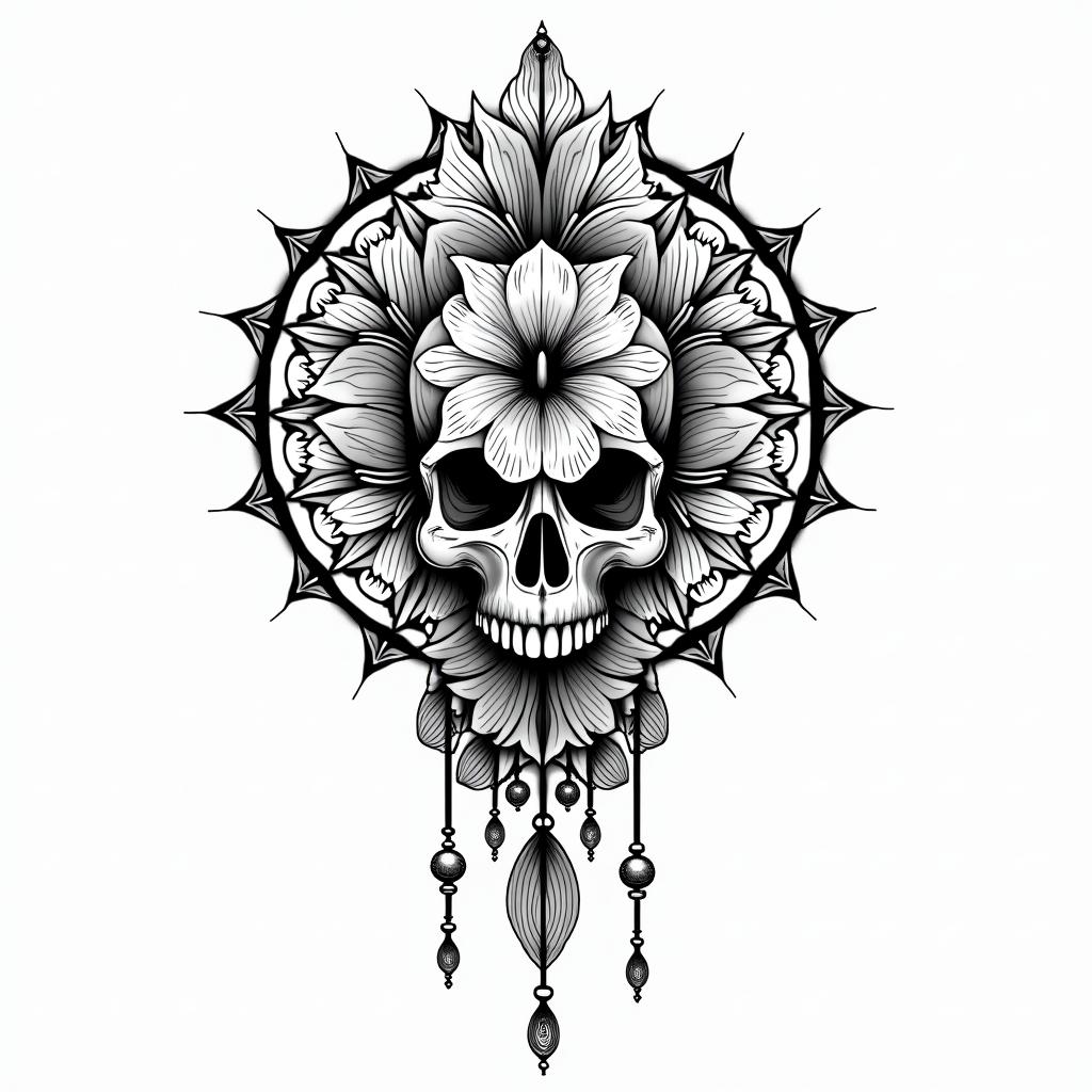 Skull and hibiscus flower hang loosein dotwork style tattoo, complex mandala patterns, interlocking geometric shapes with sharp symmetry, clean lines, sharp angles - Variation 2