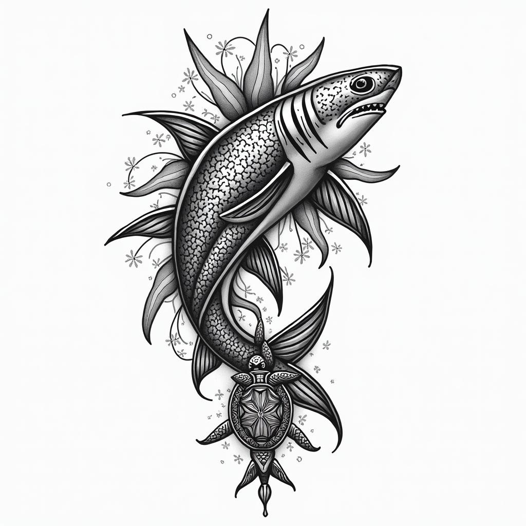 Make a Polynesian shark on the right pec and a turtle on the left pec.in ornamental tattoo style, featuring intricate symmetrical patterns and floral designs, showcasing highly detailed line work and geometric shapes, creating a sense of elegance and balance