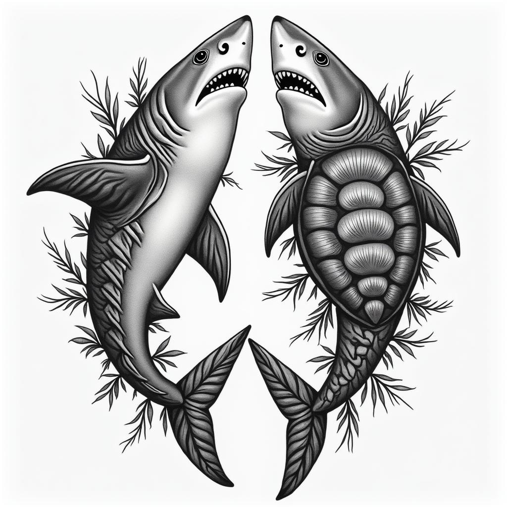 Make a Polynesian shark on the right pec and a turtle on the left pec.in ornamental tattoo style, featuring intricate symmetrical patterns and floral designs, showcasing highly detailed line work and geometric shapes, creating a sense of elegance and balance - Variation 3