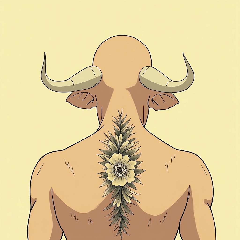 Taurus bullGhibli, Studio Ghibli aesthetic, hand-drawn anime style, retro nostalgic atmosphere, retro soft pastel color palette with earthy tones, retro Japanese cinematic shot, yellow tint effect, bald character, smooth surface, anime shadow 90's anime style