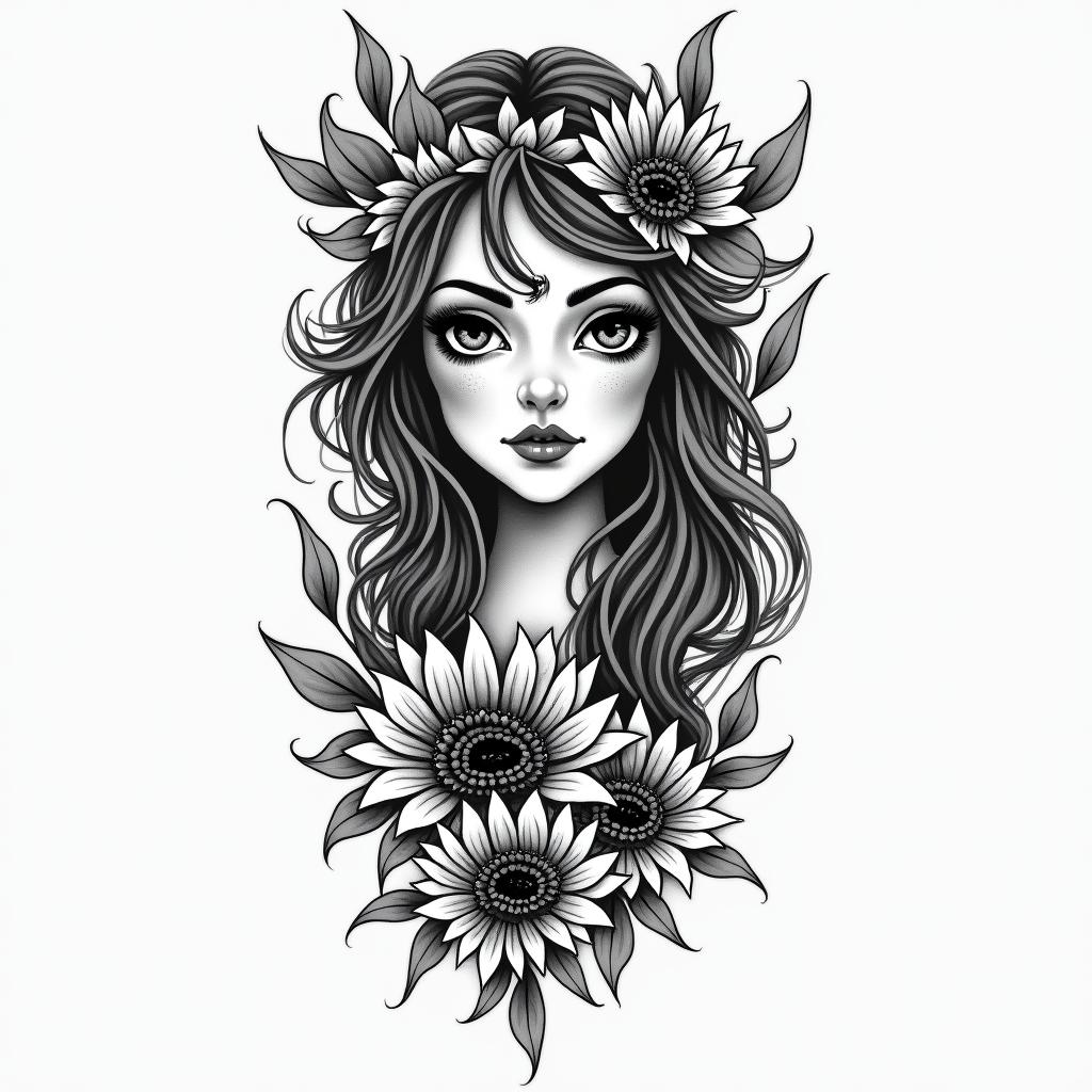 Tattoo for a woman who loves the fantastic, who is a dreamer, and is going through a change in her life.in authentic tattoo style, incorporating traditional modifications, bold black outlines, solid color fills, featuring classic authentic elements - Variation 3
