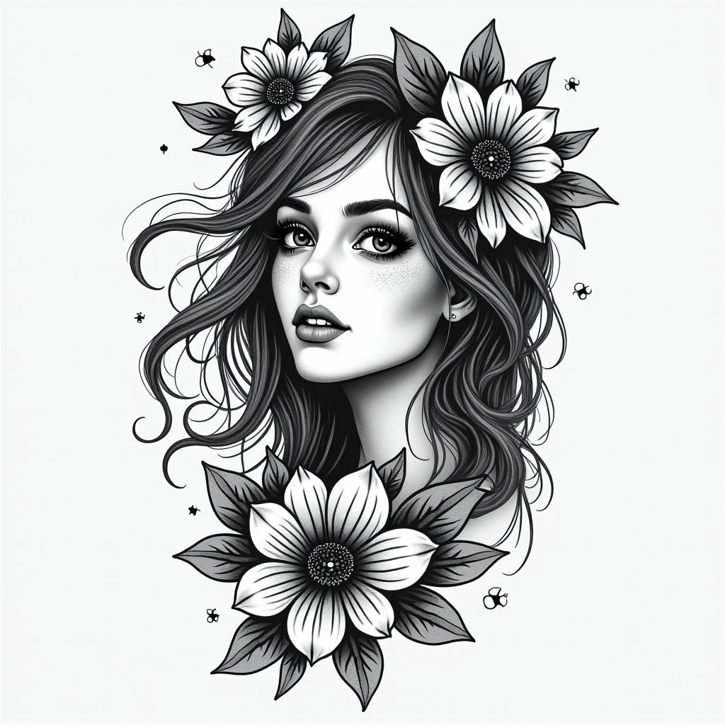 Tattoo for a woman who loves the fantastic, who is a dreamer, and is going through a change in her life.in authentic tattoo style, incorporating traditional modifications, bold black outlines, solid color fills, featuring classic authentic elements - Variation 4