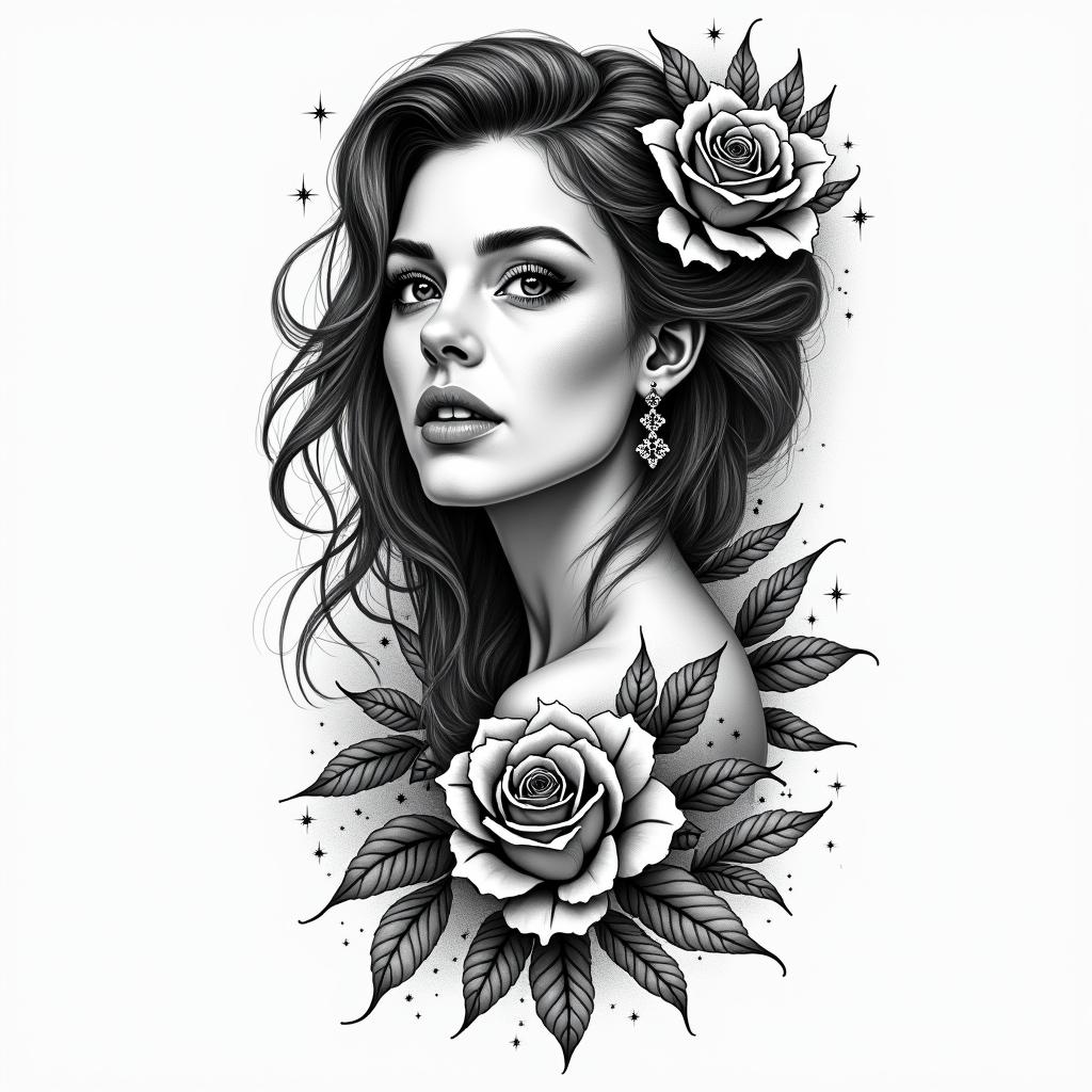 Tattoo for a woman who loves the fantastic, who is a dreamer, and is going through a change in her life.in authentic tattoo style, incorporating traditional modifications, bold black outlines, solid color fills, featuring classic authentic elements - Variation 2