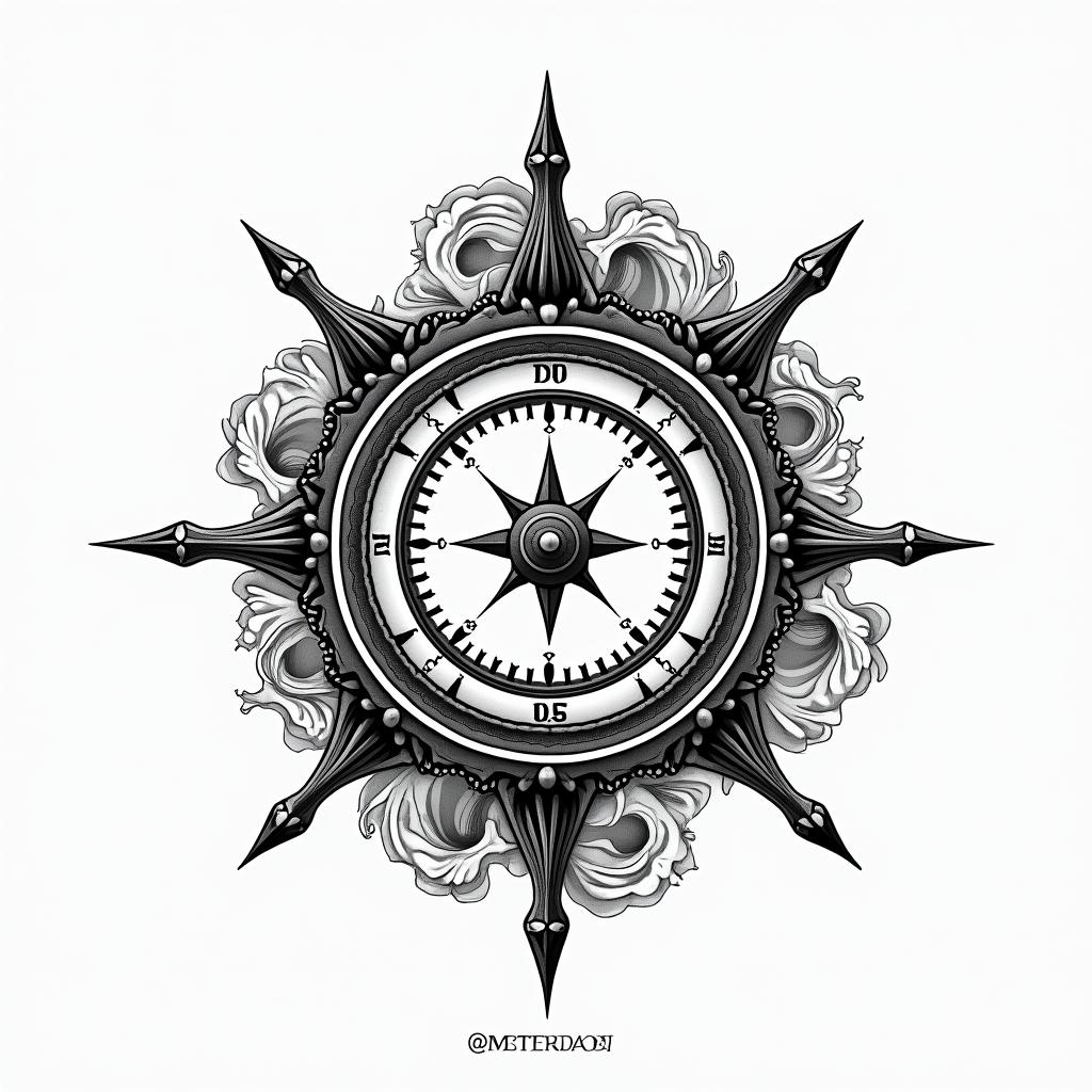 Compass surrounded by ocean wavesin japanese style tattoo, detailed tattoo, traditional japanese culture tattoo, mythology, 8k - Variation 2